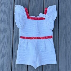 Janie and Jack White Textured Romper with Red Trim Accents